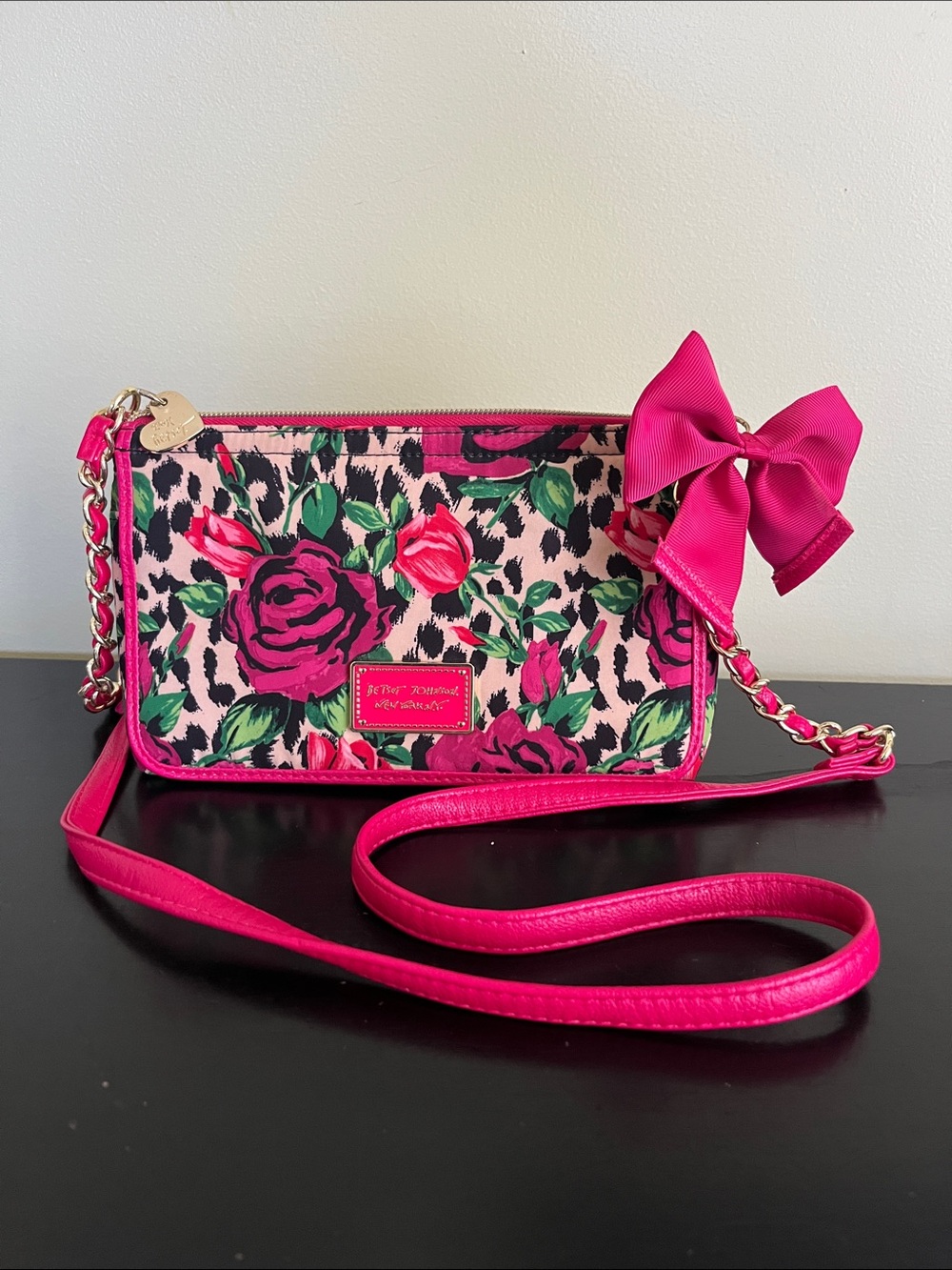 Betsey Johnson Y2K Hot Pink Floral & Leopard Crossbody with Bow